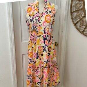 Julie Brown NYC Tiered Colorful Midi Dress M Cotton Coastal Resort Boho‎ Bright